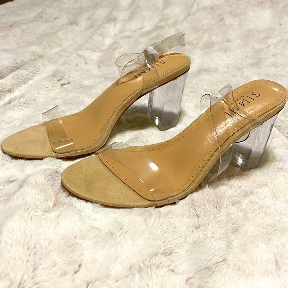 Nude Suede Ankle Strap Clear Heels